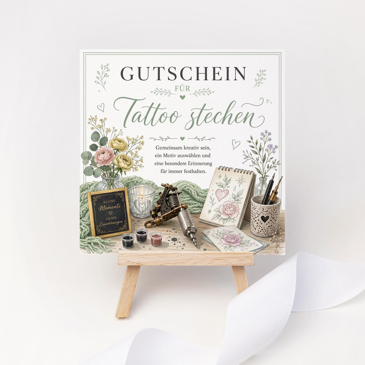 Tattoo Gutschein als hochwertige gedruckte Klappkarte – für ein Geschenk, das garantiert unter die Haut geht.