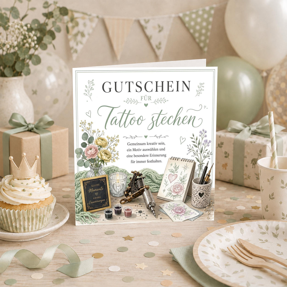 Tattoo Gutschein als hochwertige gedruckte Klappkarte – für ein Geschenk, das garantiert unter die Haut geht.