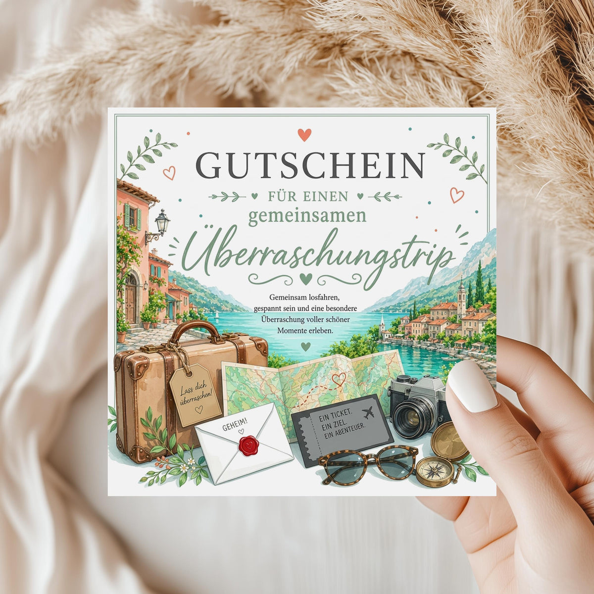 Reisegutschein Überraschungstrip Klappkarte 15x15 cm – Gutschein für Kurztrip
