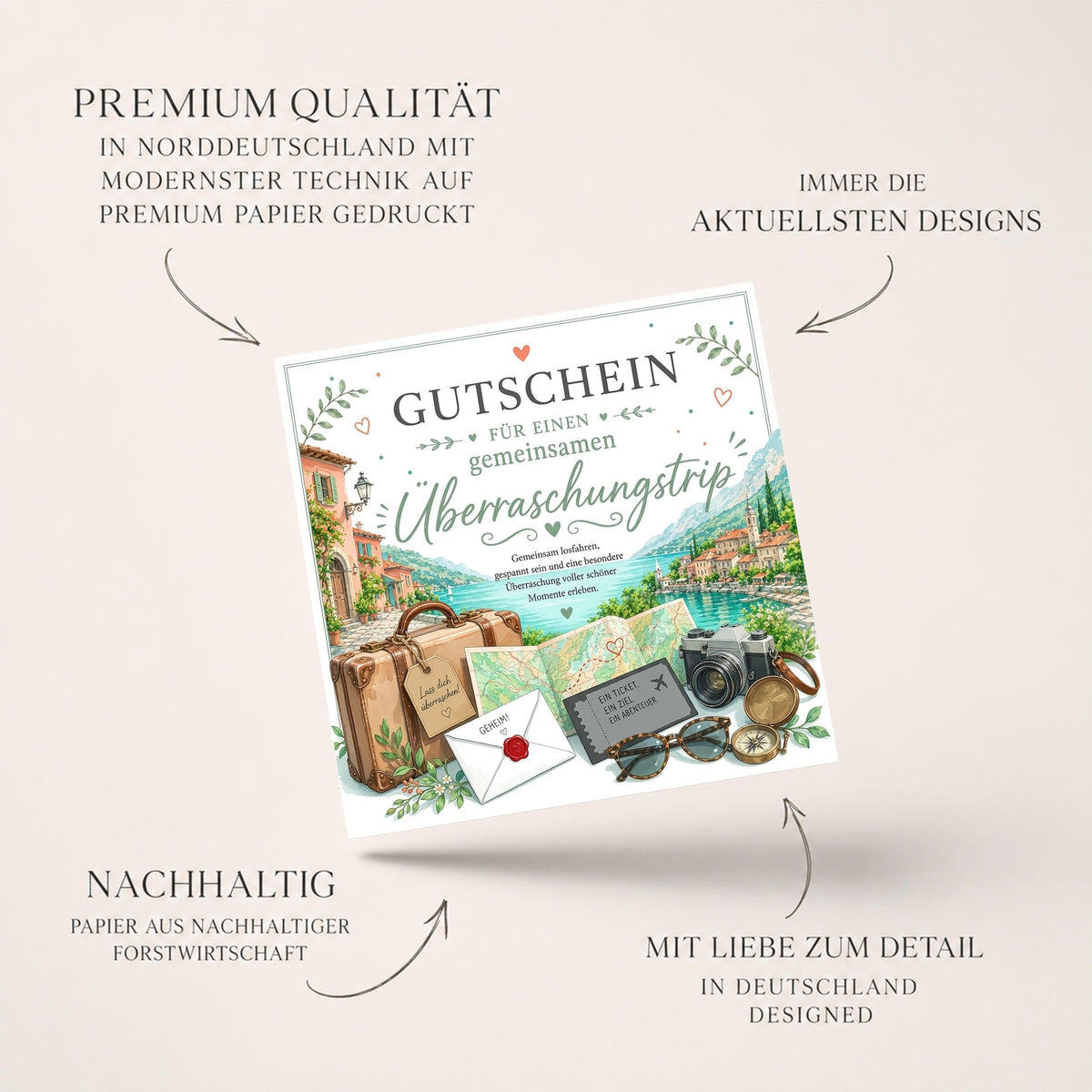 Reisegutschein Überraschungstrip Klappkarte 15x15 cm – Gutschein für Kurztrip