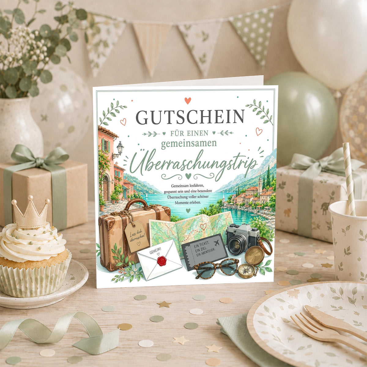 Reisegutschein Überraschungstrip Klappkarte 15x15 cm – Gutschein für Kurztrip