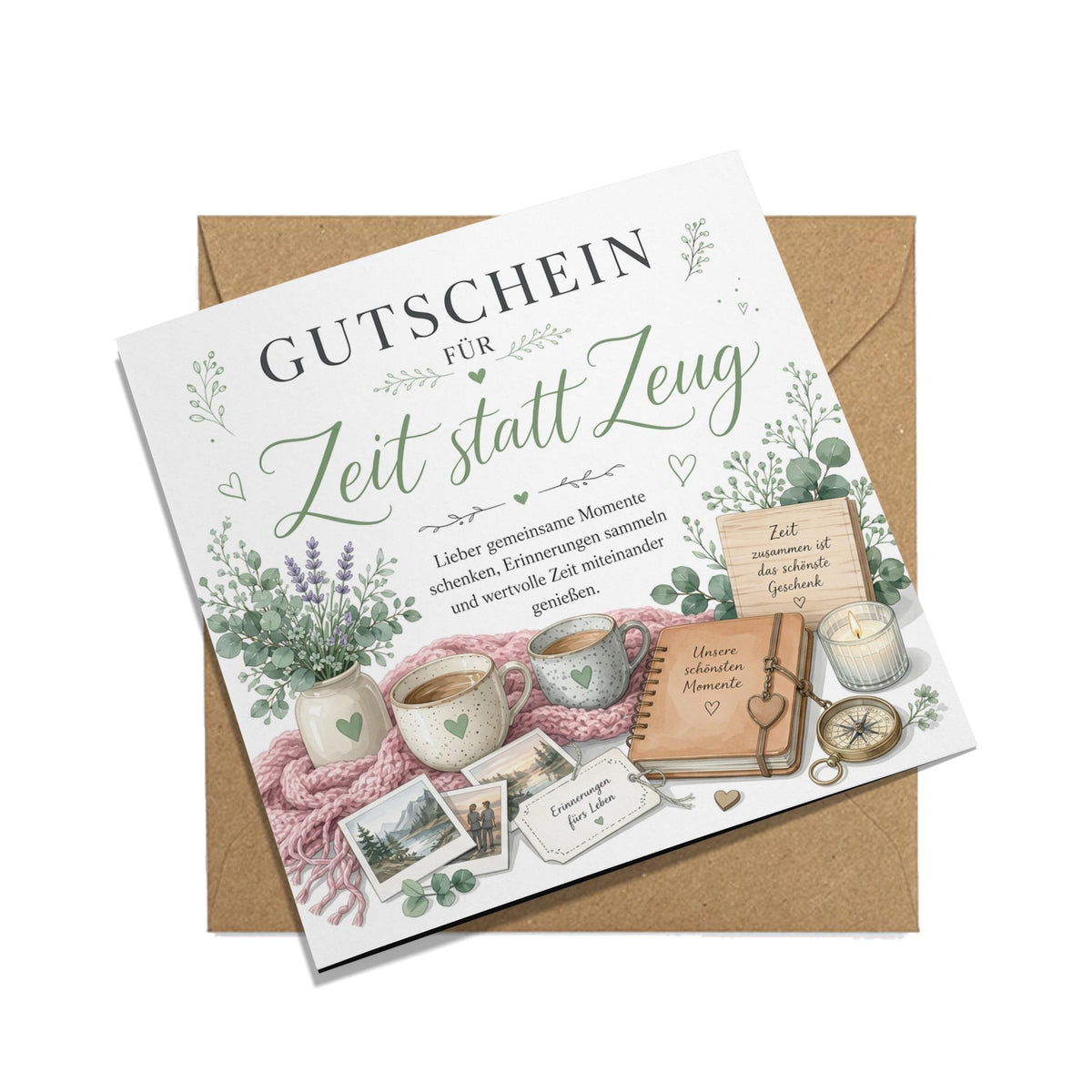 Zeit statt Zeug Gutschein Klappkarte 15x15 cm – gemeinsame Zeit schenken