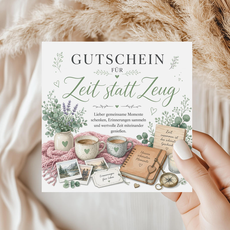 Zeit statt Zeug Gutschein Klappkarte 15x15 cm – gemeinsame Zeit schenken