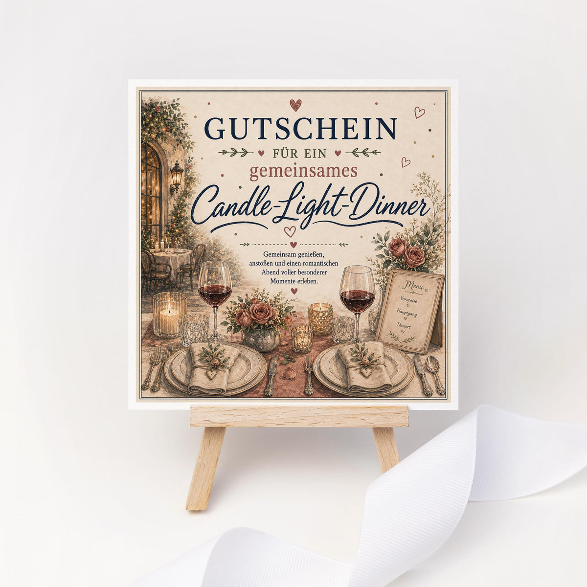 Gutschein Karte Candle Light Dinner, Erlebnisgutschein Klappkarte 15x15 cm mit Umschlag, Geschenk Partner, Valentinstag, Jahrestag, Date