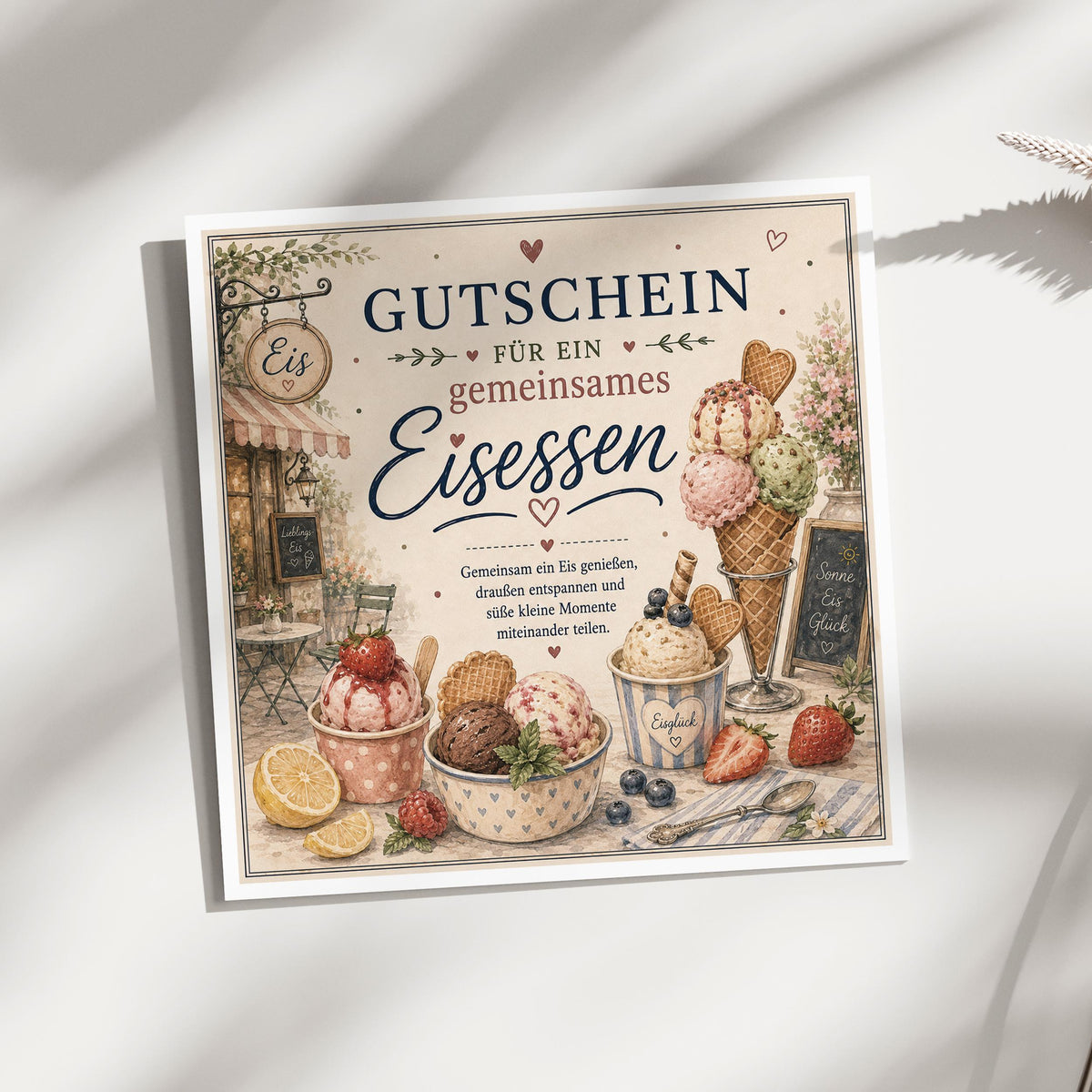 Gutschein Karte Eisessen, Erlebnisgutschein Klappkarte 15x15 cm mit Umschlag, kleines Geschenk, Sommer, Geburtstag, Aufmerksamkeit
