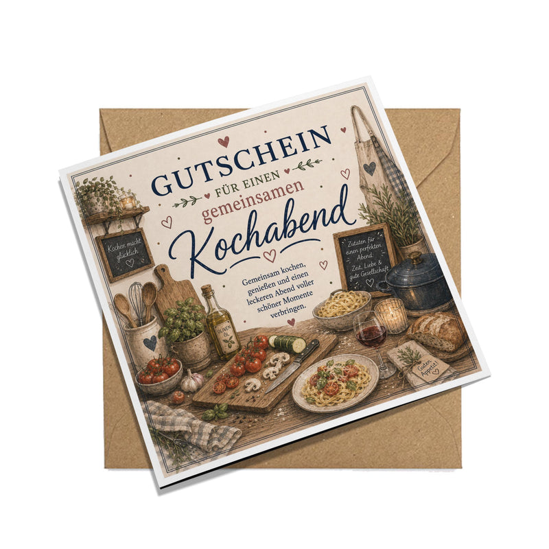 Gutschein Karte Kochabend, Erlebnisgutschein Klappkarte 15x15 cm mit Umschlag, Geschenk Partner, Paar, Valentinstag, gemeinsam Kochen