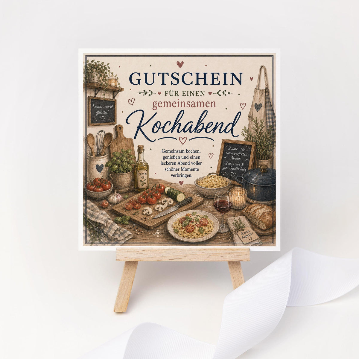 Gutschein Karte Kochabend, Erlebnisgutschein Klappkarte 15x15 cm mit Umschlag, Geschenk Partner, Paar, Valentinstag, gemeinsam Kochen
