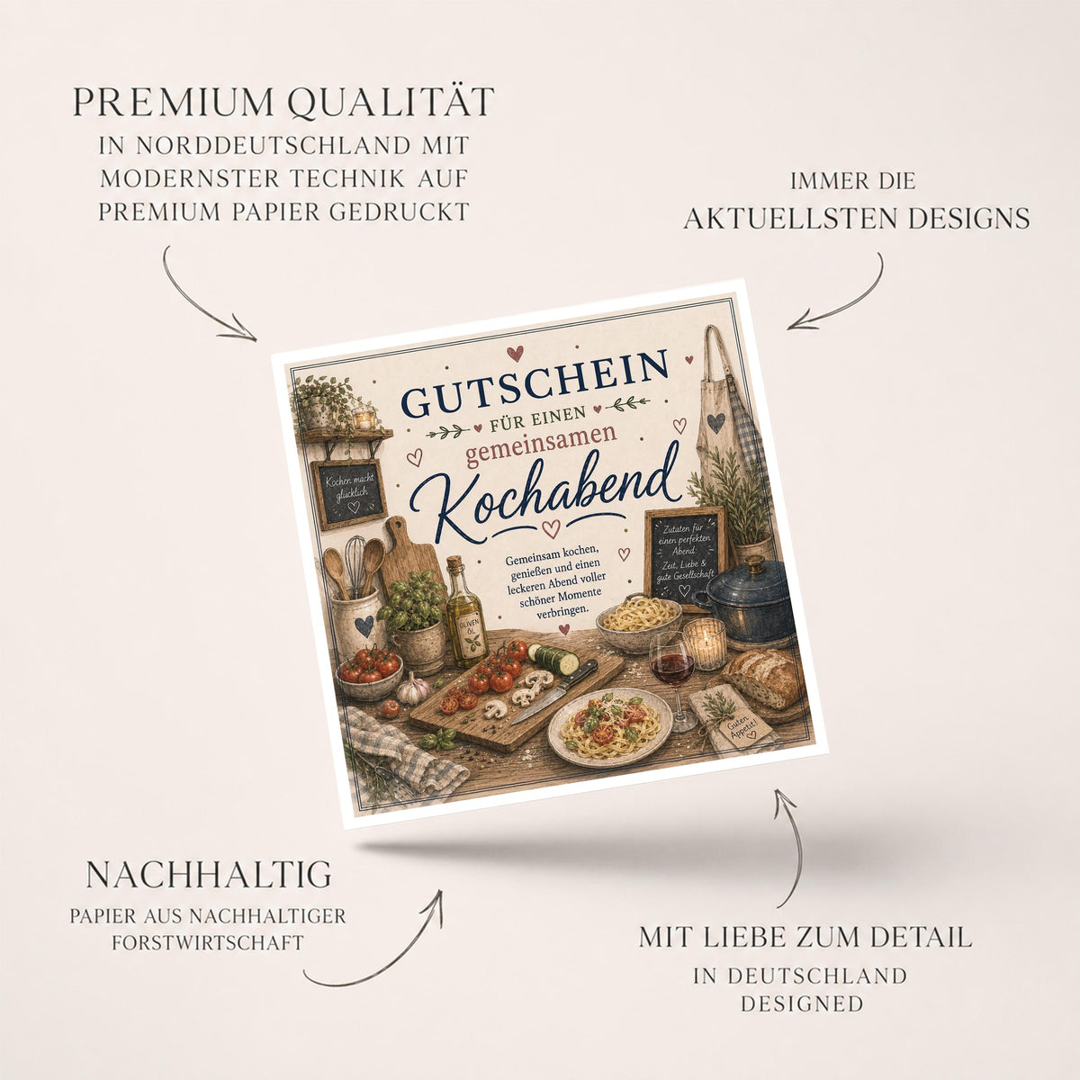 Gutschein Karte Kochabend, Erlebnisgutschein Klappkarte 15x15 cm mit Umschlag, Geschenk Partner, Paar, Valentinstag, gemeinsam Kochen