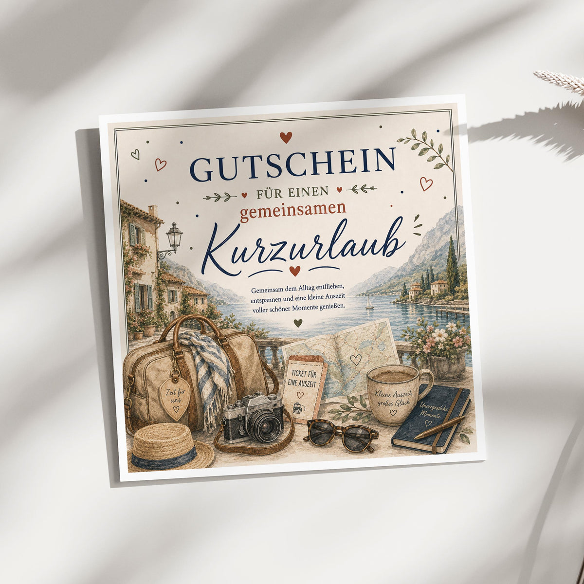Gutschein Karte Kurzurlaub, Erlebnisgutschein Klappkarte 15x15 cm mit Umschlag, Reisegutschein, Wochenendtrip, Geschenk Partner