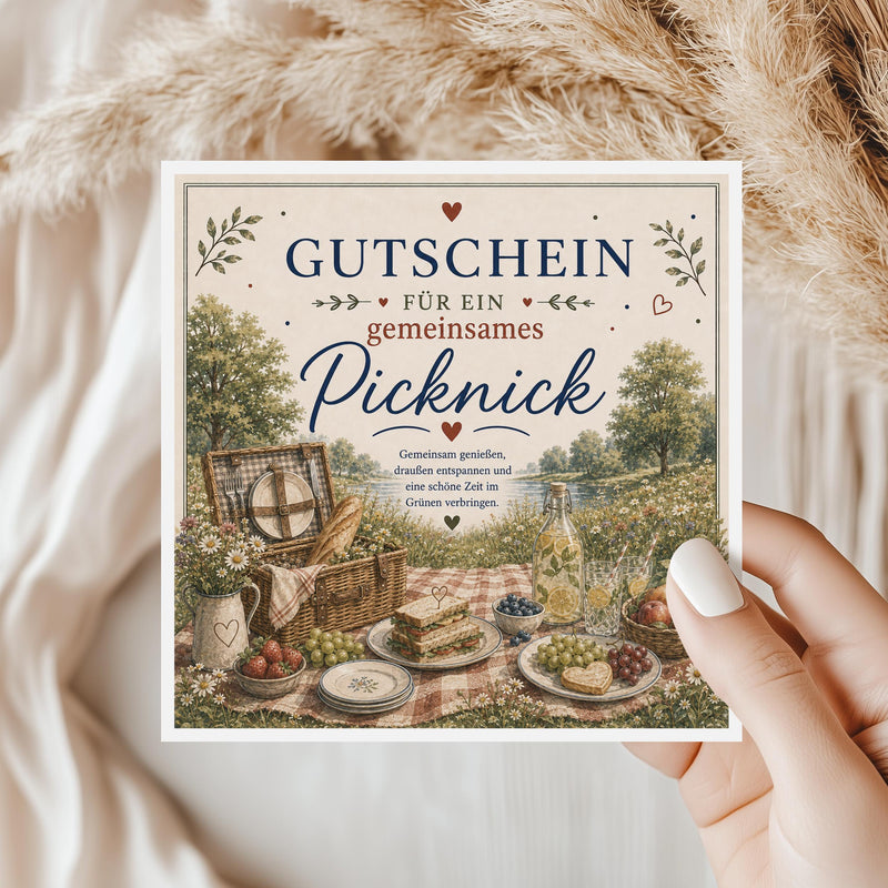 Gutschein Karte Picknick, Erlebnisgutschein Klappkarte 15x15 cm mit Umschlag, Geschenk Partner, Freundin, Frühling, Sommer Date