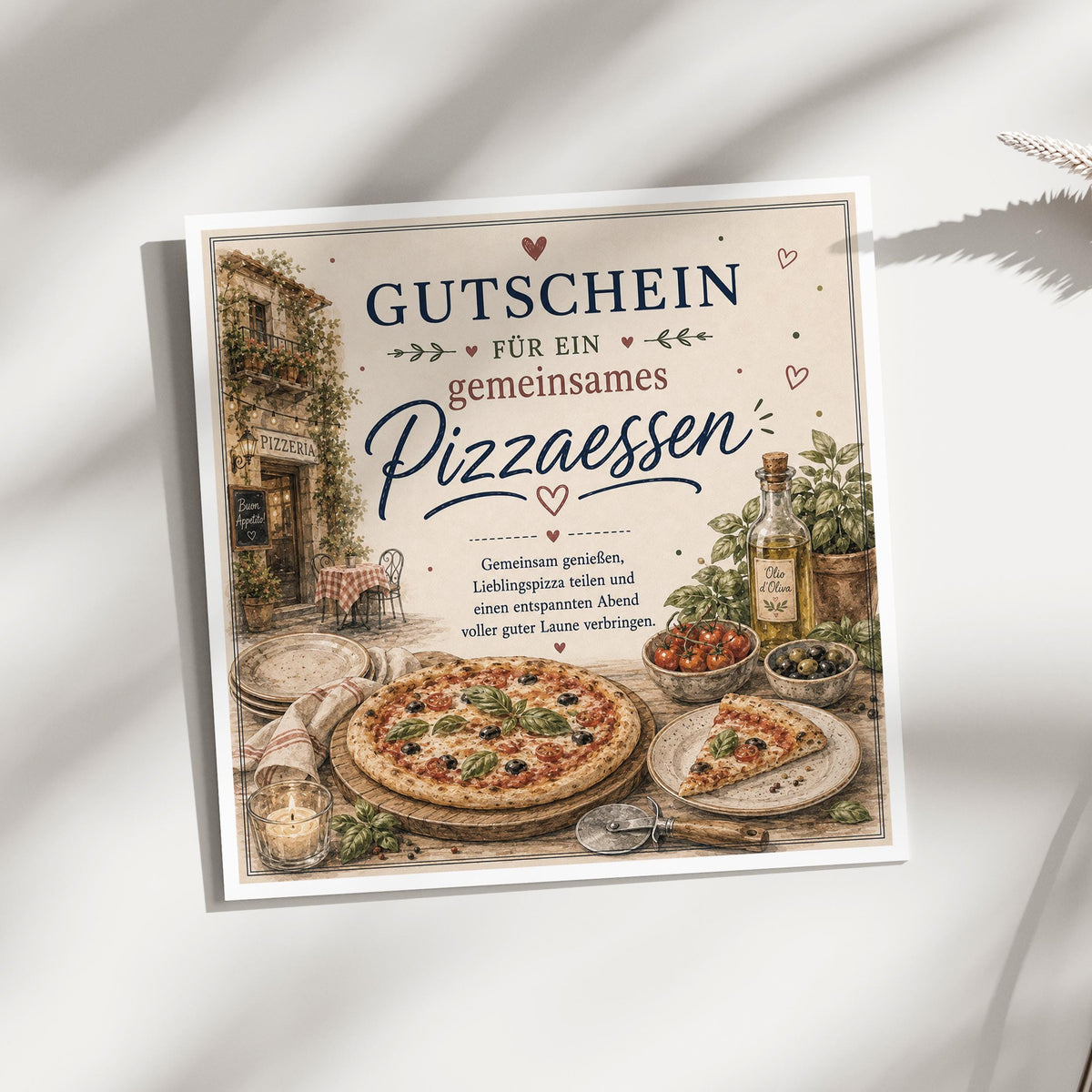 Gutschein Karte Pizzaessen, Erlebnisgutschein Klappkarte 15x15 cm mit Umschlag, Pizza Gutschein, Geschenk Freundin, Partner, Geburtstag