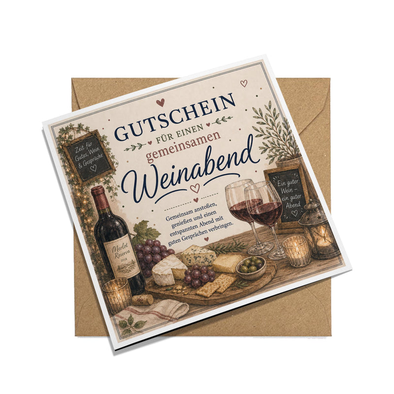 Gutschein Karte Weinabend, Erlebnisgutschein Klappkarte 15x15 cm mit Umschlag, Wein Geschenk, Geschenk Partner, Weinliebhaber
