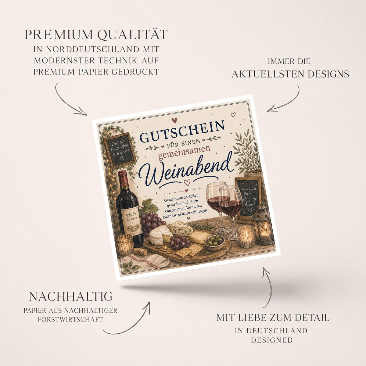 Gutschein Karte Weinabend, Erlebnisgutschein Klappkarte 15x15 cm mit Umschlag, Wein Geschenk, Geschenk Partner, Weinliebhaber