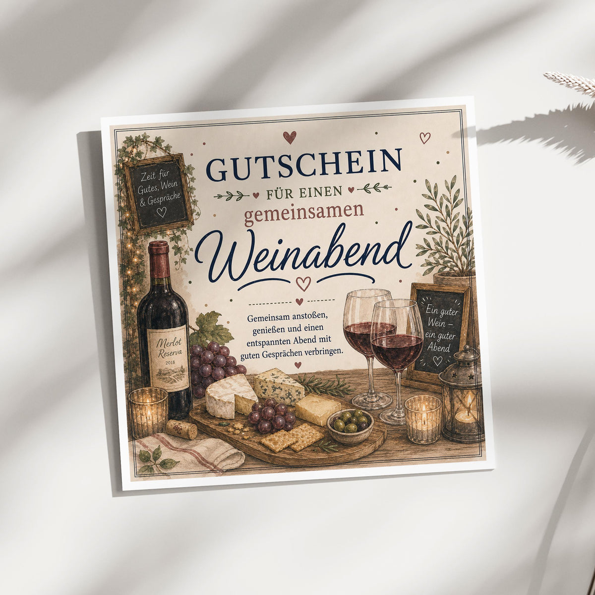 Gutschein Karte Weinabend, Erlebnisgutschein Klappkarte 15x15 cm mit Umschlag, Wein Geschenk, Geschenk Partner, Weinliebhaber