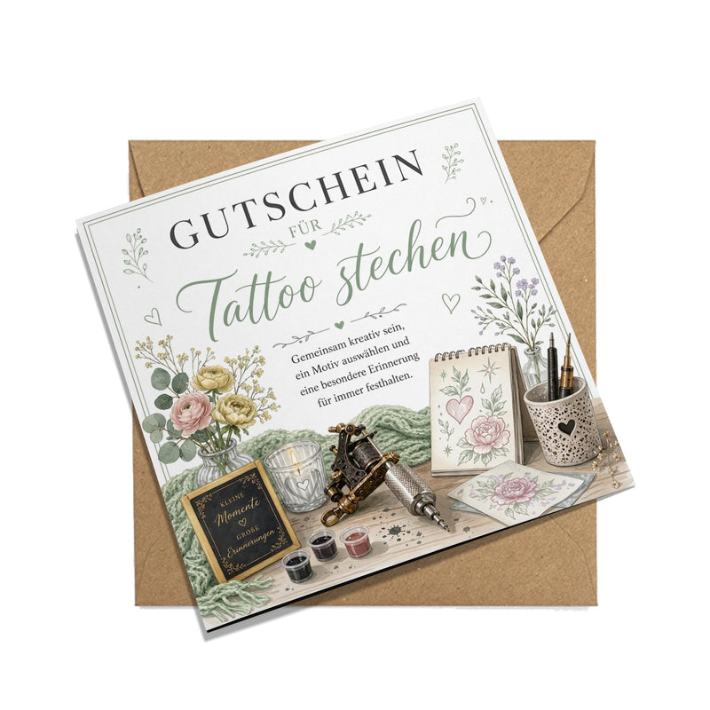 Tattoo Gutschein als hochwertige gedruckte Klappkarte – für ein Geschenk, das garantiert unter die Haut geht.