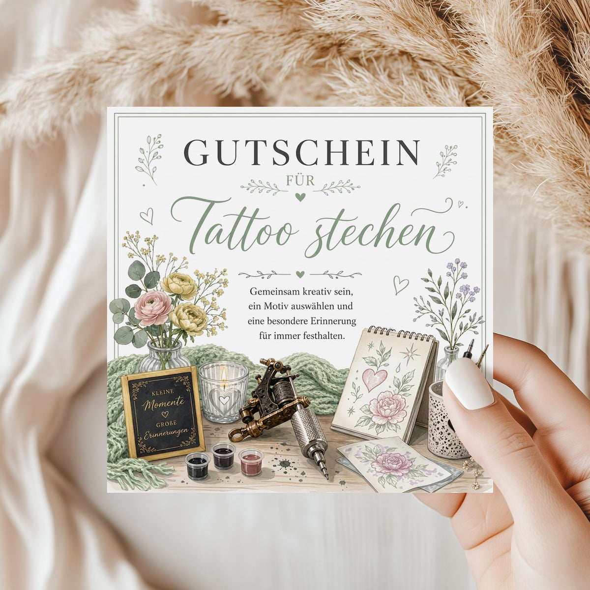 Tattoo Gutschein als hochwertige gedruckte Klappkarte – für ein Geschenk, das garantiert unter die Haut geht.