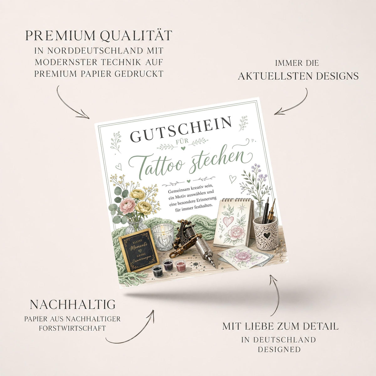 Tattoo Gutschein als hochwertige gedruckte Klappkarte – für ein Geschenk, das garantiert unter die Haut geht.