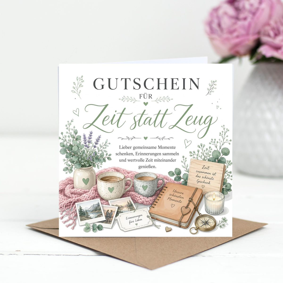 Zeit statt Zeug Gutschein Klappkarte 15x15 cm – gemeinsame Zeit schenken