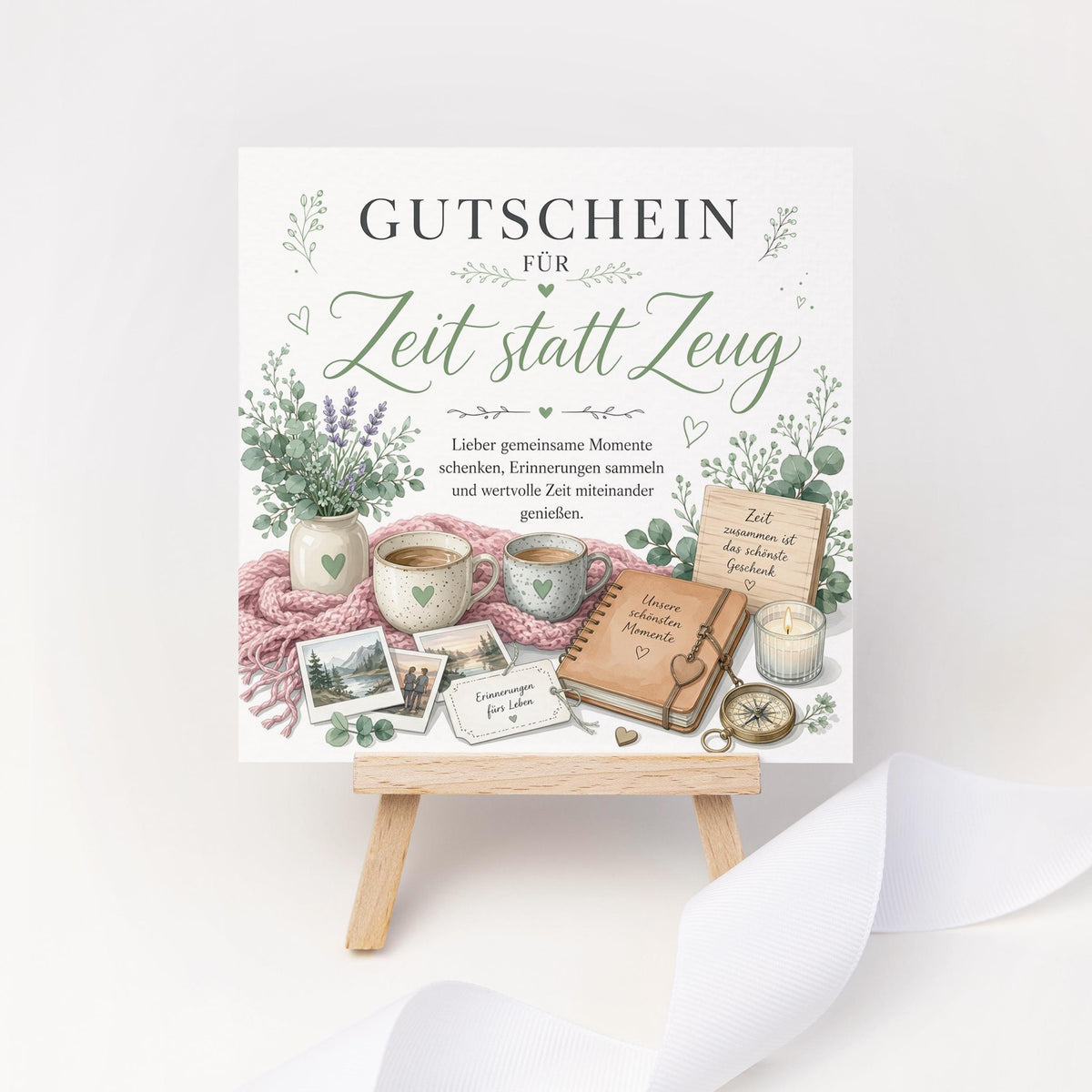 Zeit statt Zeug Gutschein Klappkarte 15x15 cm – gemeinsame Zeit schenken