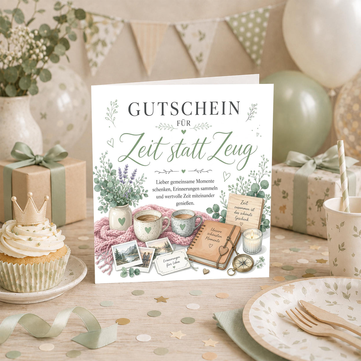 Zeit statt Zeug Gutschein Klappkarte 15x15 cm – gemeinsame Zeit schenken