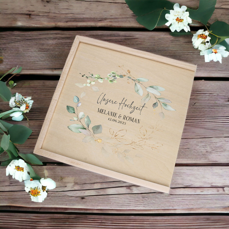 Personalisierte Erinnerungsbox - Fotobox als Geschenk zur Hochzeit, Verlobung, Eukaliptus