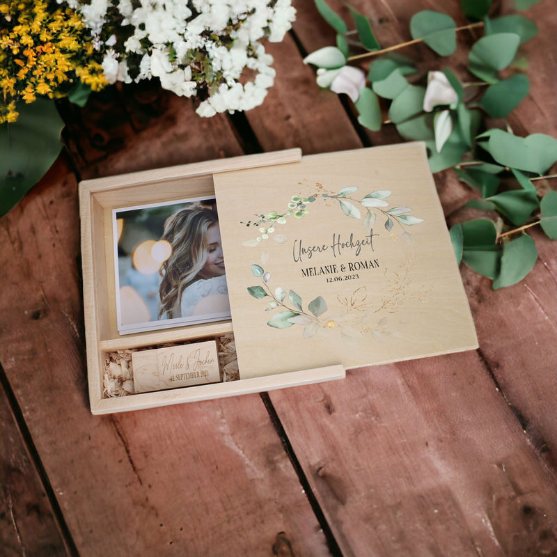 Personalisierte Erinnerungsbox - Fotobox als Geschenk zur Hochzeit, Verlobung, Eukaliptus