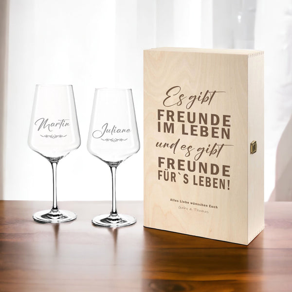 Weinbox mit gravierten Leonardo Weingläsern  - Freunde FORYOU24