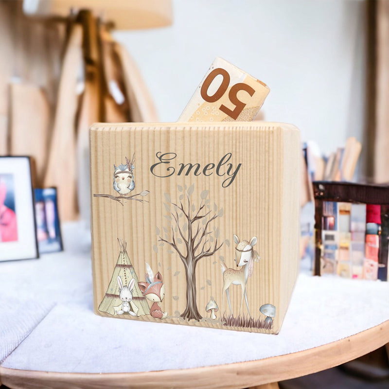 Personalisierte Spardose aus Holz | Waldreunde |