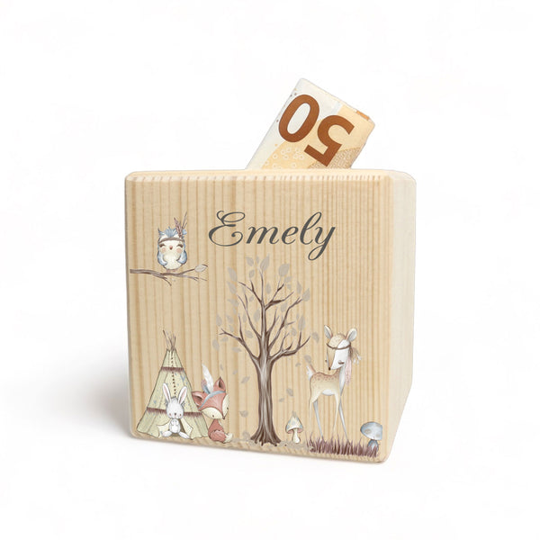 Personalisierte Spardose aus Holz | Waldreunde |