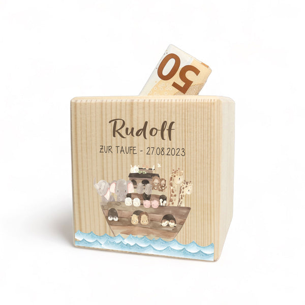 Personalisierte Spardose aus Holz | Arche |