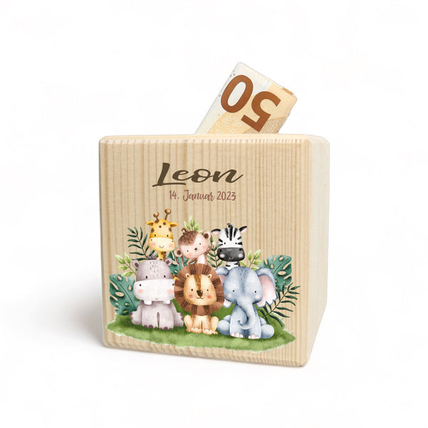 Personalisierte Spardose aus Holz | Safari |