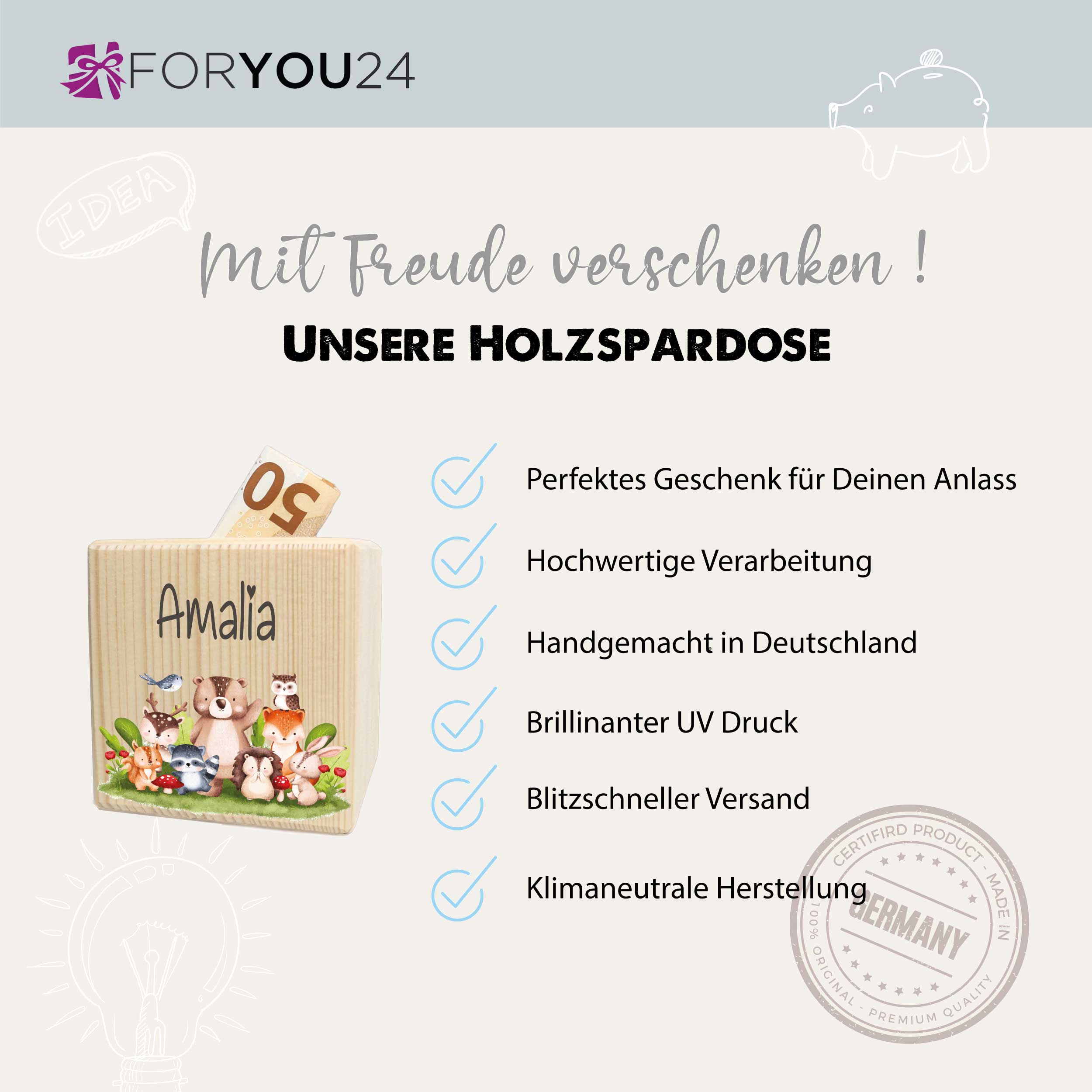 Personalisierte Spardose aus Holz | Waldtiere | FORYOU24