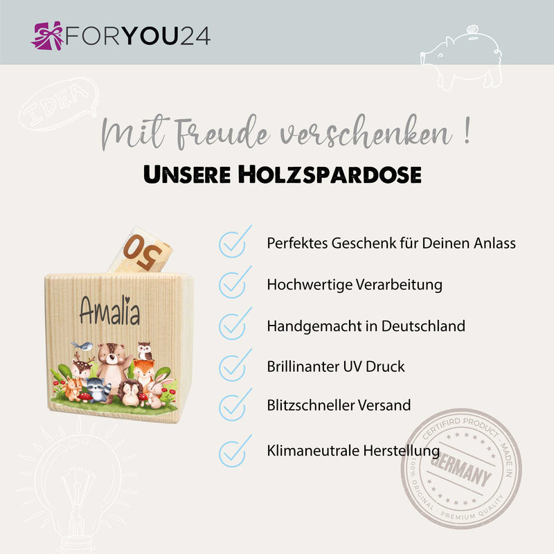 Personalisierte Spardose aus Holz | Waldtiere |