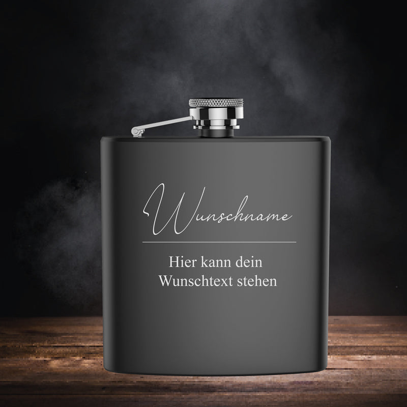 Edelstahl Flachmann Matt-Schwarz mit Gravur des Namens und Wunschtext