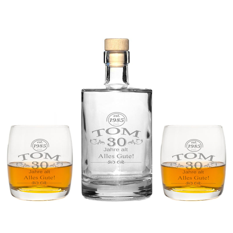 2 Edle Whiskeygläser mit Whiskeykaraffe und Gravur Glückwunsch
