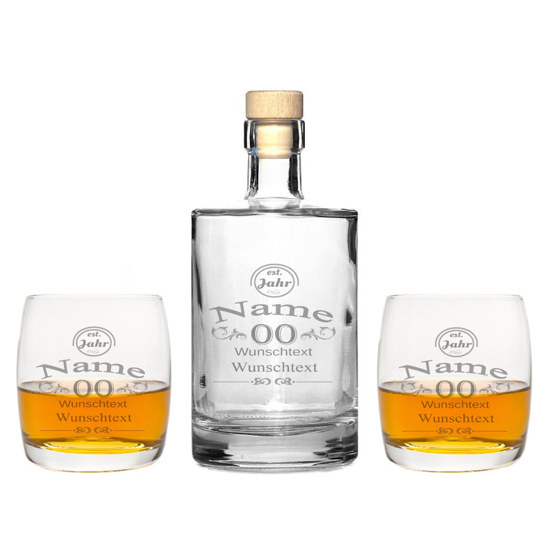 2 Edle Whiskeygläser mit Whiskeykaraffe und Gravur Glückwunsch