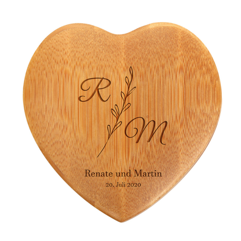 Ringkissen als Herz aus Holz mit Gravur zur Hochzeit Motiv 04 hell