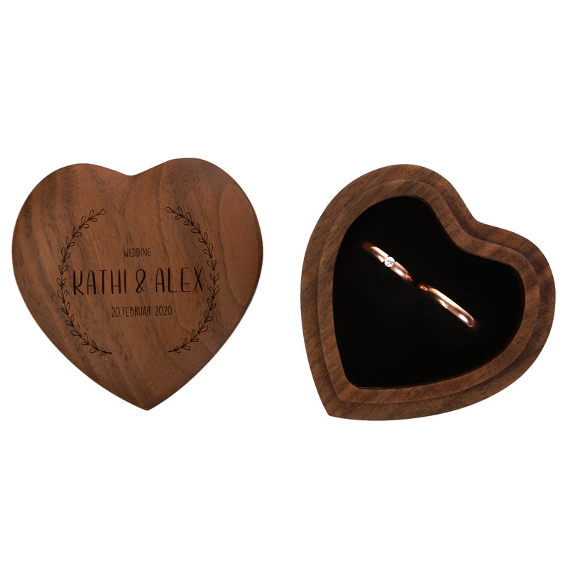 Ringkissen als Herz aus Holz mit Gravur zur Hochzeit Motiv 02 dunkel