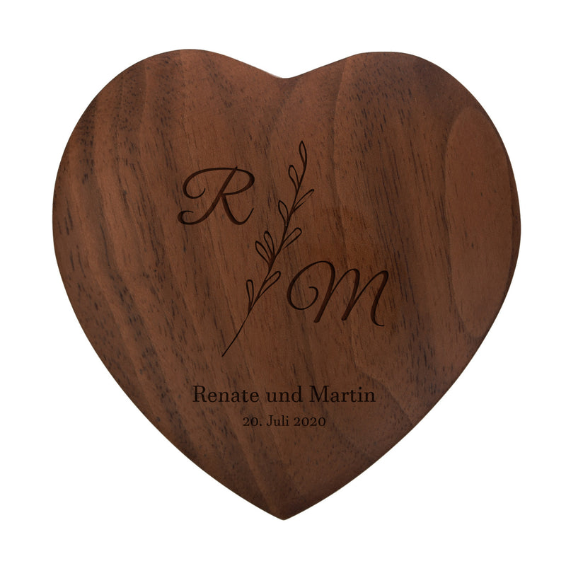 Ringkissen als Herz aus Holz mit Gravur zur Hochzeit Motiv 04 dunkel
