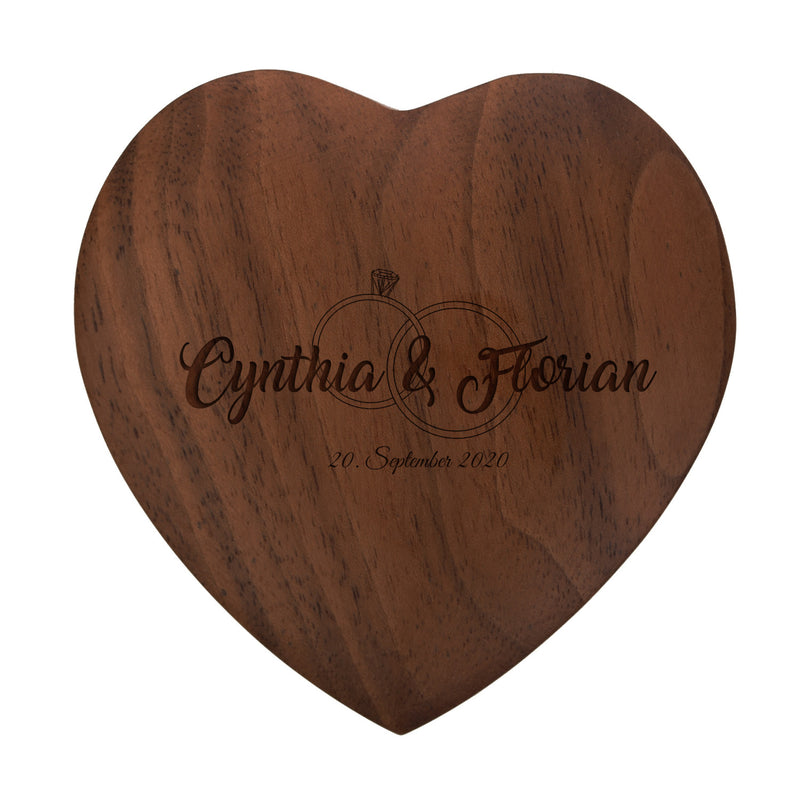 Ringkissen als Herz aus Holz mit Gravur zur Hochzeit Motiv 06 dunkel