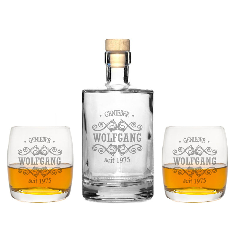 2 Edle Whiskeygläser mit Whiskeykaraffe und Gravur Tribal II
