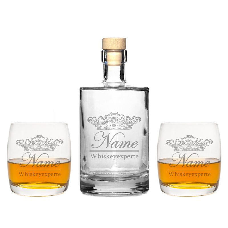 2 Edle Whiskeygläser mit Whiskeykaraffe und Gravur Krone II