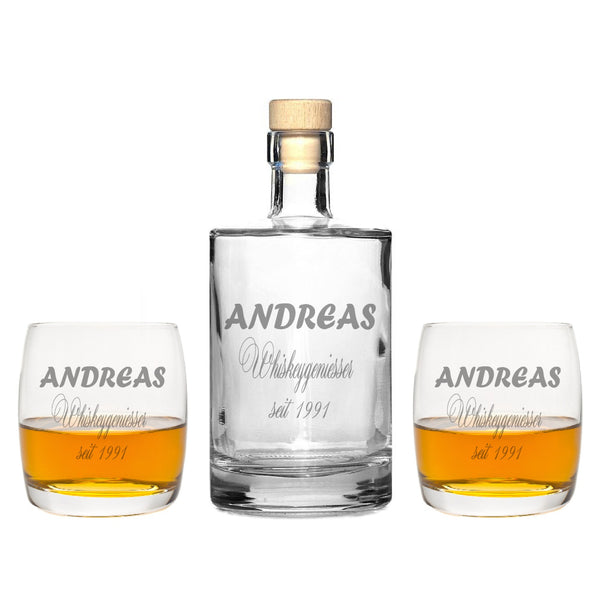 2 Edle Whiskeygläser mit Whiskeykaraffe und Gravur "Genießer"