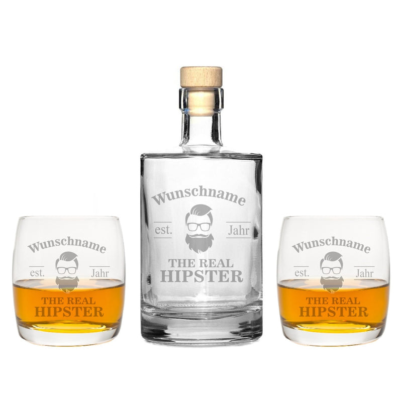 2 Edle Whiskeygläser mit Whiskeykaraffe und Gravur "Hipster"