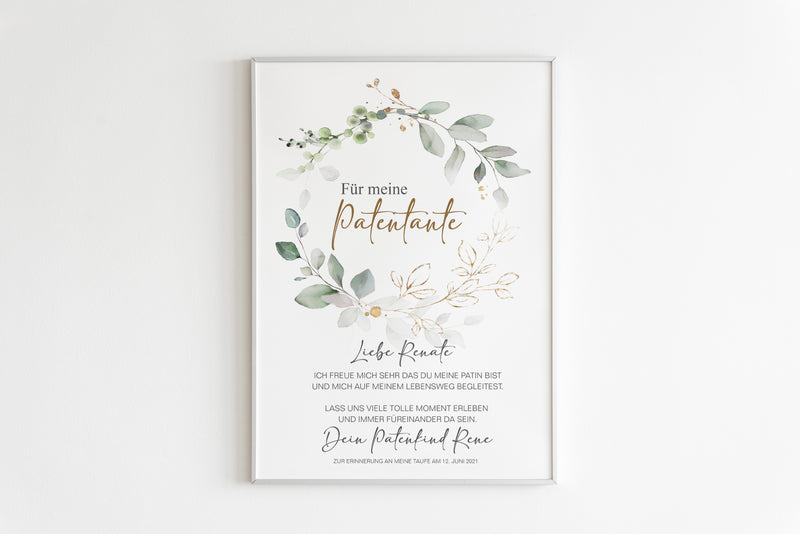 PATENBRIEF Eukalyptus Kranz personalisiert als Geschenk zur Taufe, Paten, Patentante, Patenonkel, Poster, Patenkind, Taufbrief,