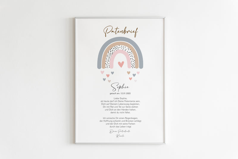 PATENBRIEF Regenbogen personalisiert als Geschenk zur Taufe, Paten, Patentante, Patenonkel, Poster, Patenkind, Taufbrief