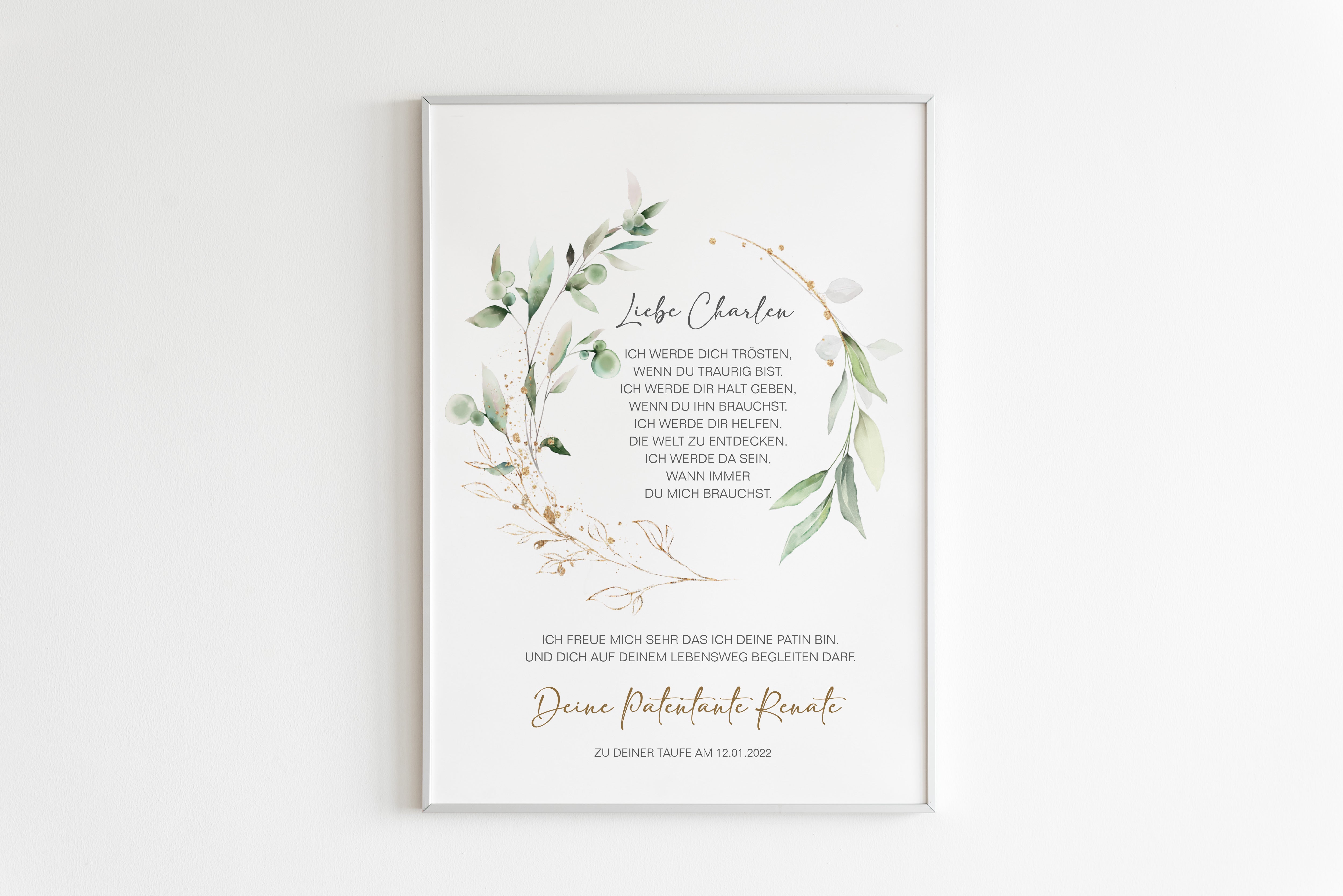 PATENBRIEF Eukalyptus Gold personalisiert als Geschenk zur Taufe, Paten, Patentante, Patenonkel, Poster, Patenkind, Taufbrief