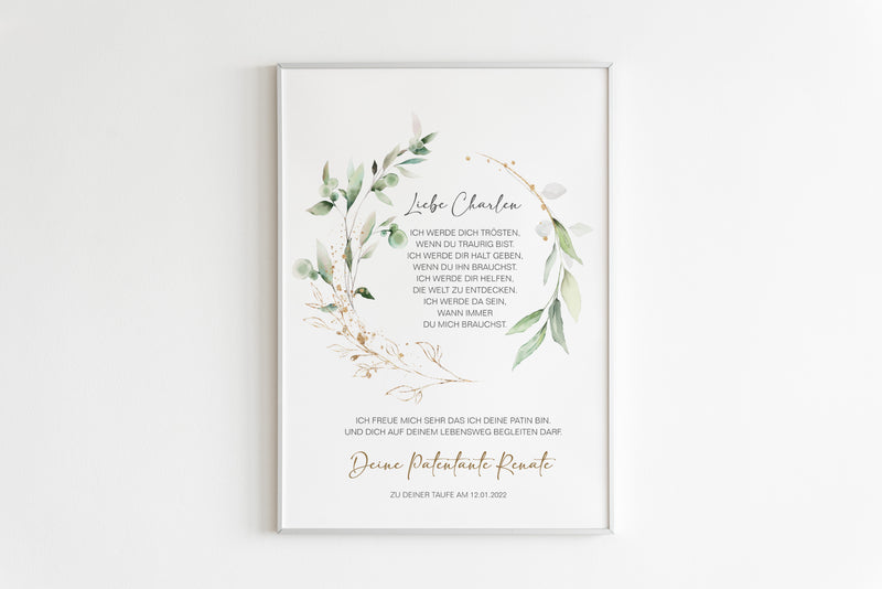 PATENBRIEF Eukalyptus Gold personalisiert als Geschenk zur Taufe, Paten, Patentante, Patenonkel, Poster, Patenkind, Taufbrief