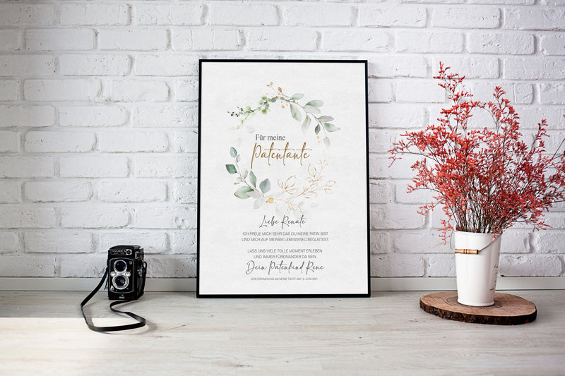 PATENBRIEF Eukalyptus Kranz personalisiert als Geschenk zur Taufe, Paten, Patentante, Patenonkel, Poster, Patenkind, Taufbrief,