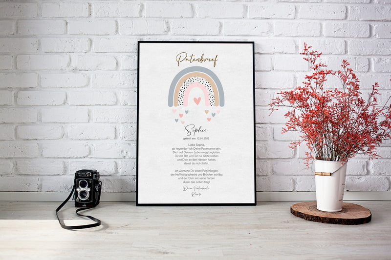 PATENBRIEF Regenbogen personalisiert als Geschenk zur Taufe, Paten, Patentante, Patenonkel, Poster, Patenkind, Taufbrief